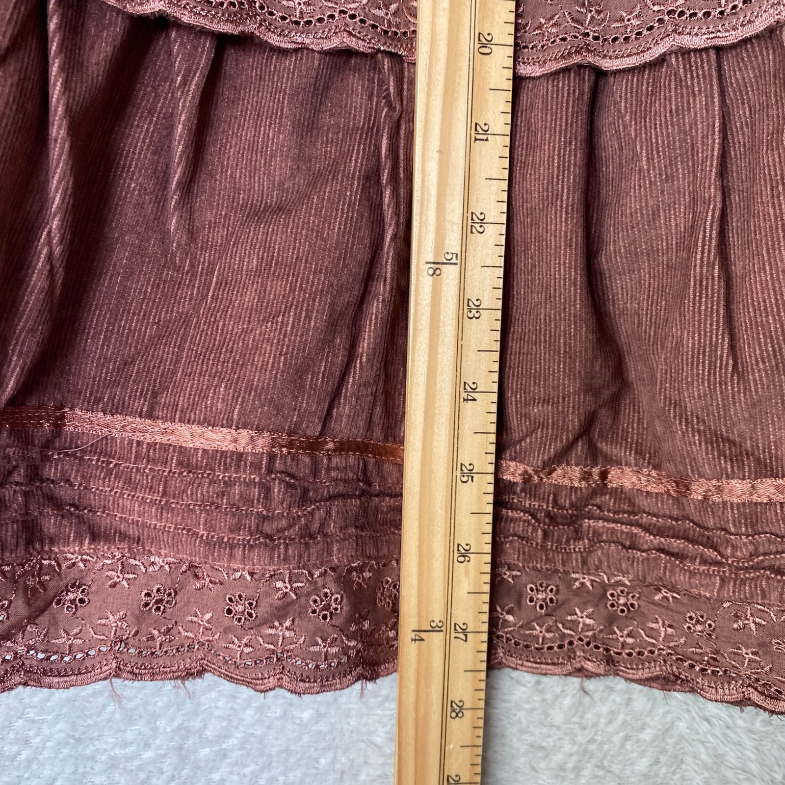 Angie Boho Ombre Corduroy Tiered Midi Skirt Women M Brown Eyelet Lace Festival — image 8 of 8